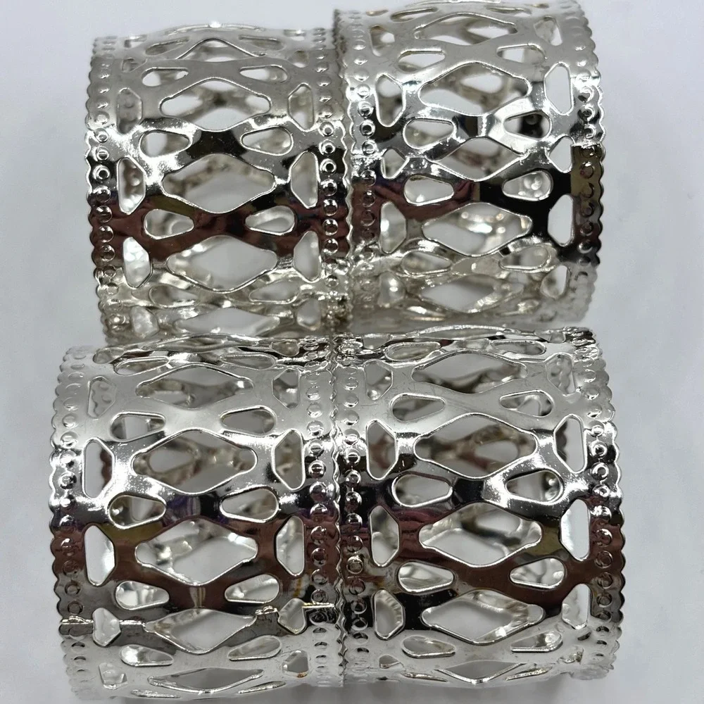 Vintage Silver Plated Napkin Rings Set of 4 Openwork Lattice Scalloped Edge NIB